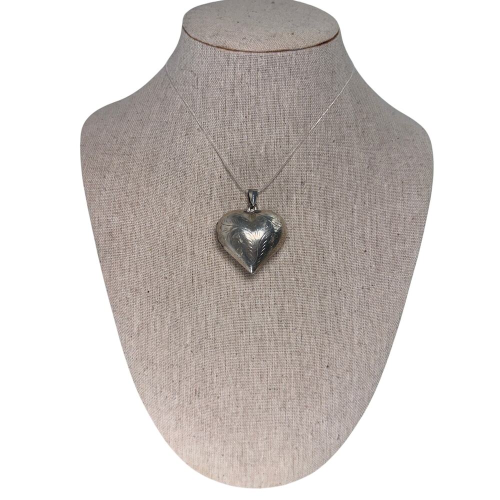 VINTAGE Sterling Silver 925 Large Puffy Heart Pendant Locket Etched Victorian